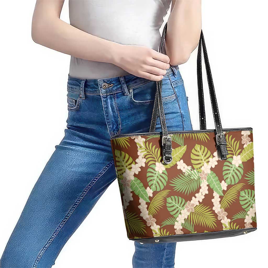 Brown Hawaii Plumeria Lei With Tropical Leaves Leather Tote Bag LT14 - Polynesian Pride