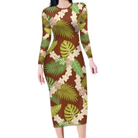 Brown Hawaii Plumeria Lei With Tropical Leaves Long Sleeve Bodycon Dress