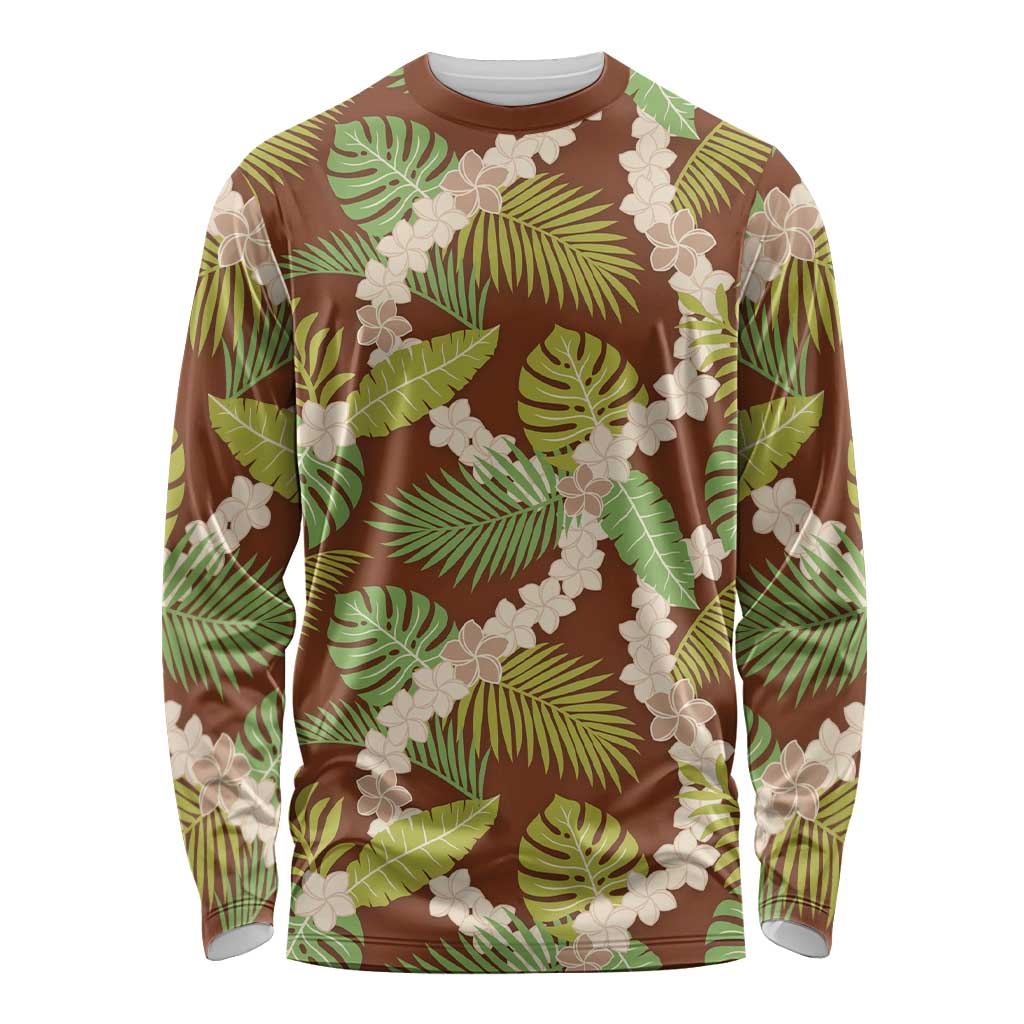Brown Hawaii Plumeria Lei With Tropical Leaves Long Sleeve Shirt LT14 Unisex Brown - Polynesian Pride
