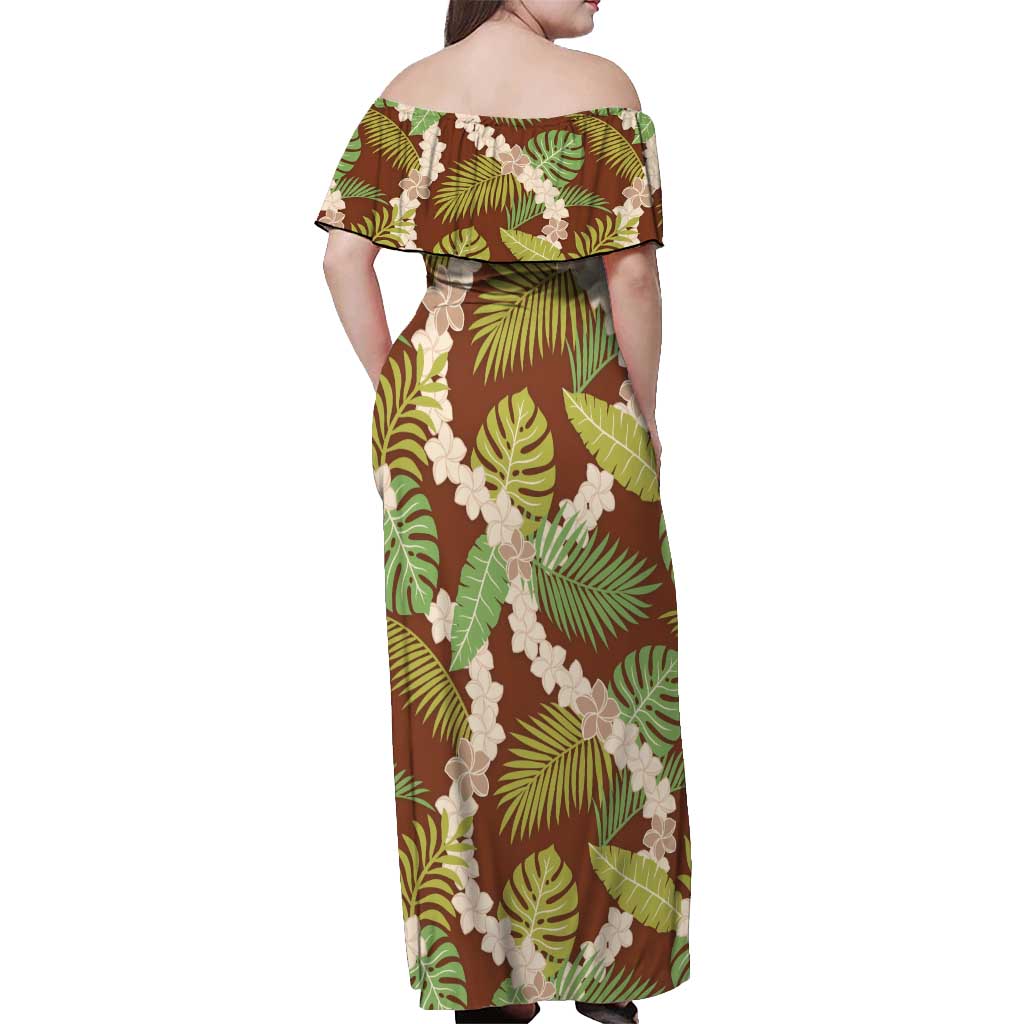 Brown Hawaii Plumeria Lei With Tropical Leaves Off Shoulder Maxi Dress LT14 - Polynesian Pride