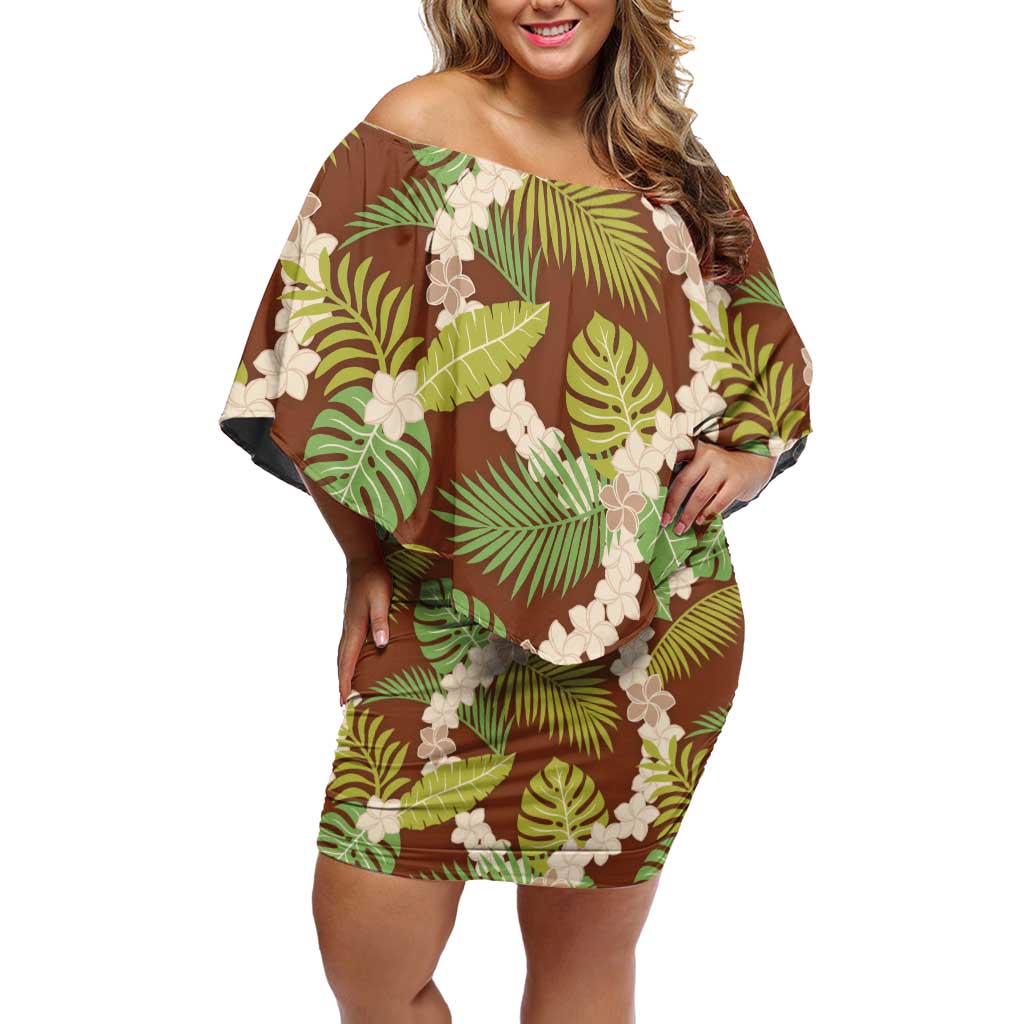 Brown Hawaii Plumeria Lei With Tropical Leaves Off Shoulder Short Dress LT14 Women Brown - Polynesian Pride