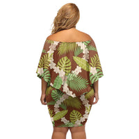 Brown Hawaii Plumeria Lei With Tropical Leaves Off Shoulder Short Dress LT14 - Polynesian Pride