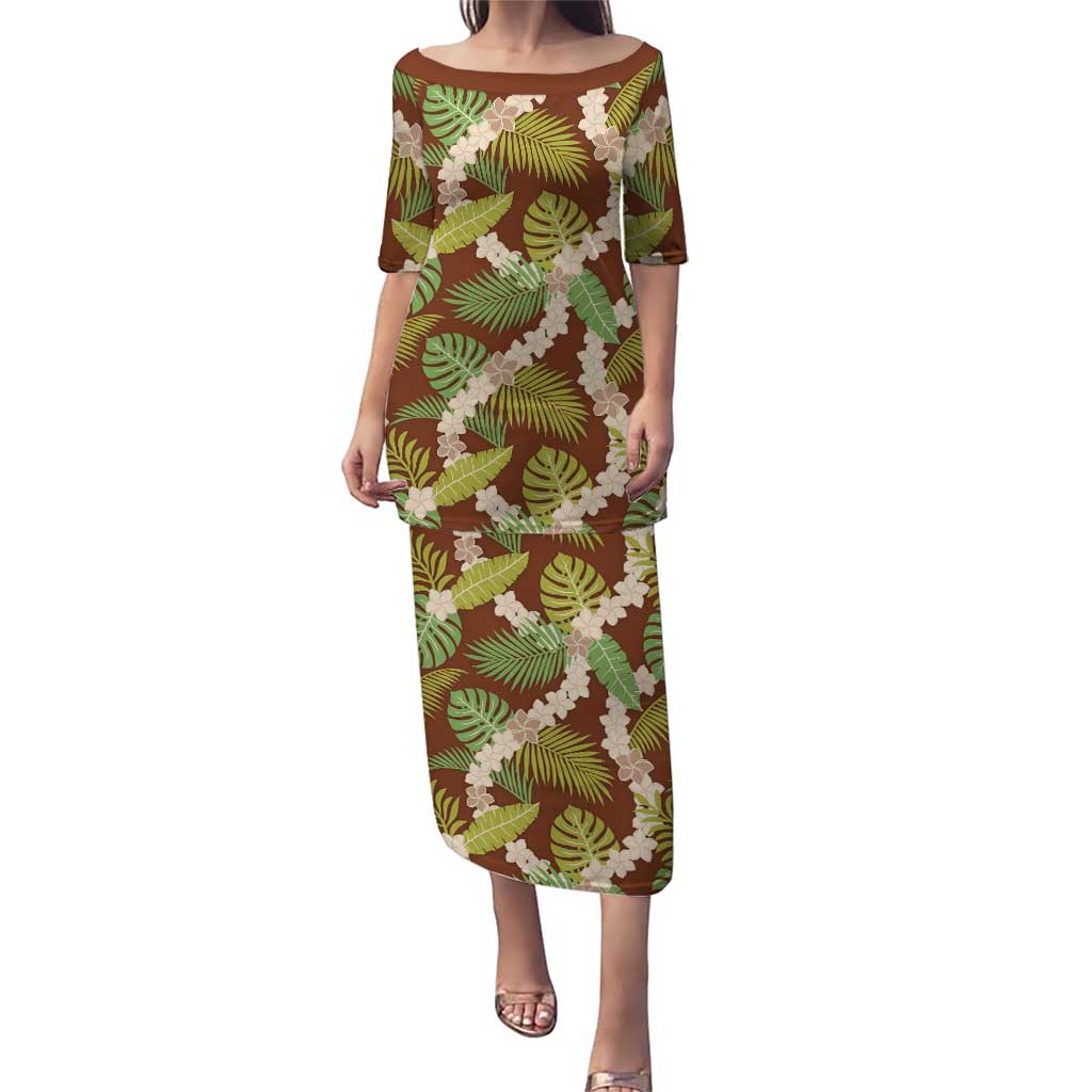 Brown Hawaii Plumeria Lei With Tropical Leaves Puletasi LT14 Long Dress Brown - Polynesian Pride