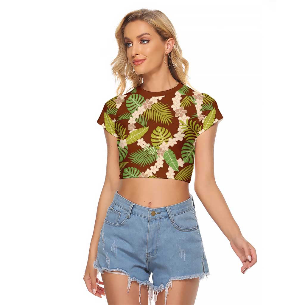 Brown Hawaii Plumeria Lei With Tropical Leaves Raglan Cropped T Shirt LT14 Female Brown - Polynesian Pride