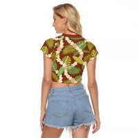 Brown Hawaii Plumeria Lei With Tropical Leaves Raglan Cropped T Shirt LT14 - Polynesian Pride