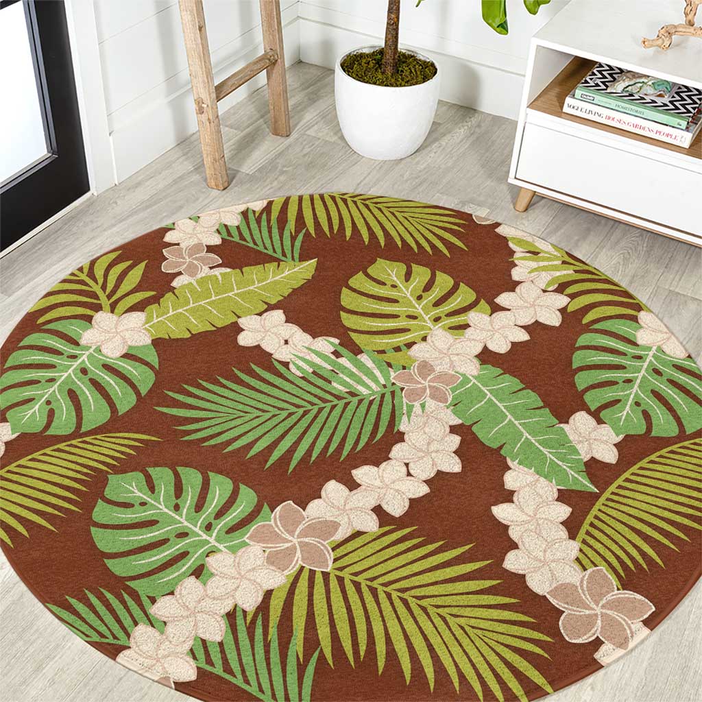 Brown Hawaii Plumeria Lei With Tropical Leaves Round Carpet