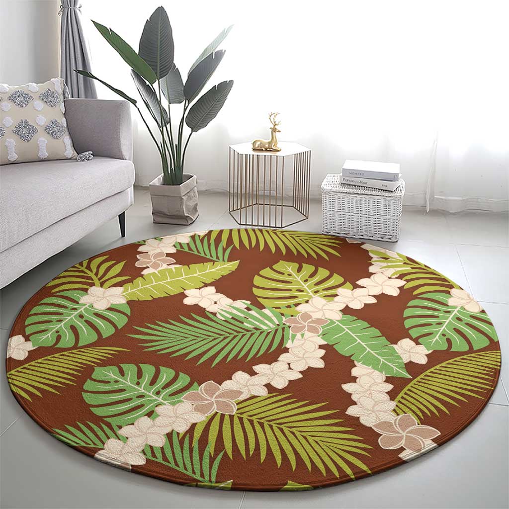 Brown Hawaii Plumeria Lei With Tropical Leaves Round Carpet