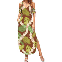 Brown Hawaii Plumeria Lei With Tropical Leaves Summer Maxi Dress LT14 Women Brown - Polynesian Pride