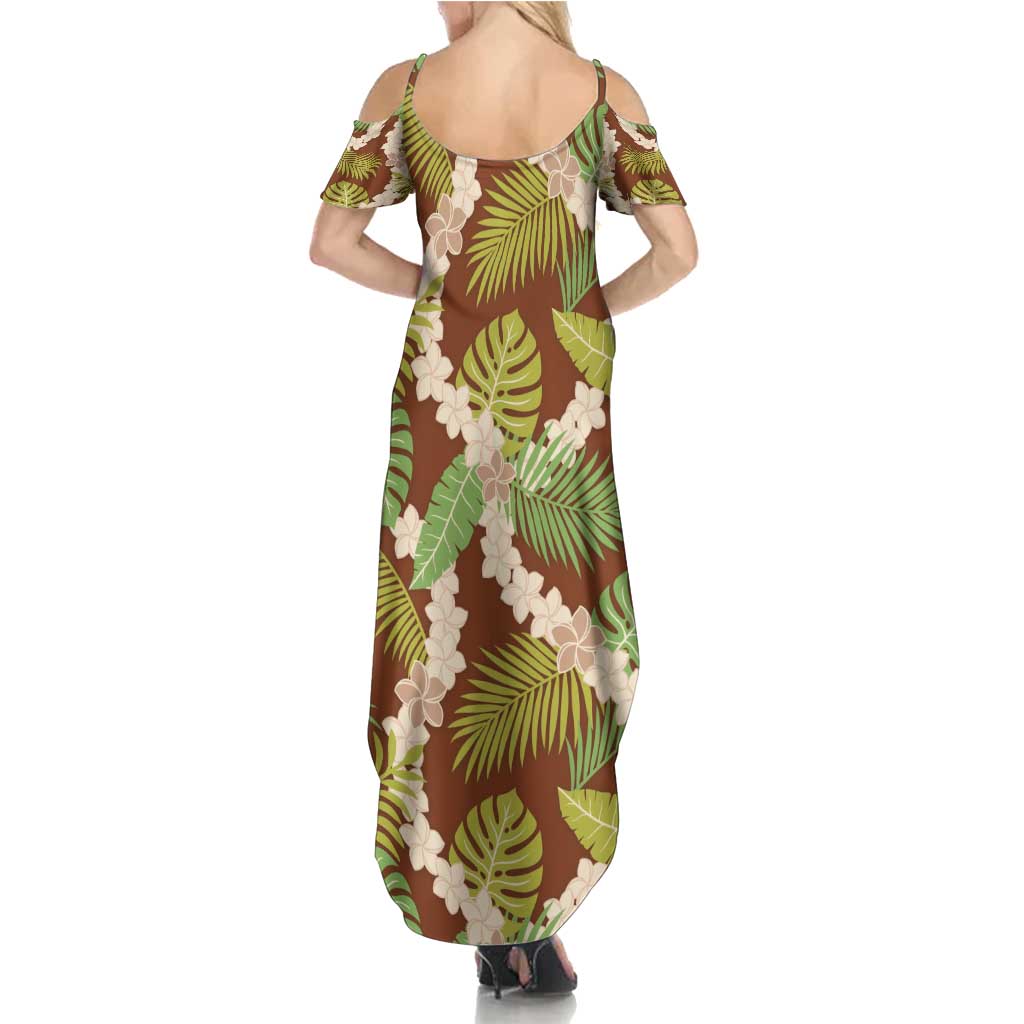 Brown Hawaii Plumeria Lei With Tropical Leaves Summer Maxi Dress LT14 - Polynesian Pride