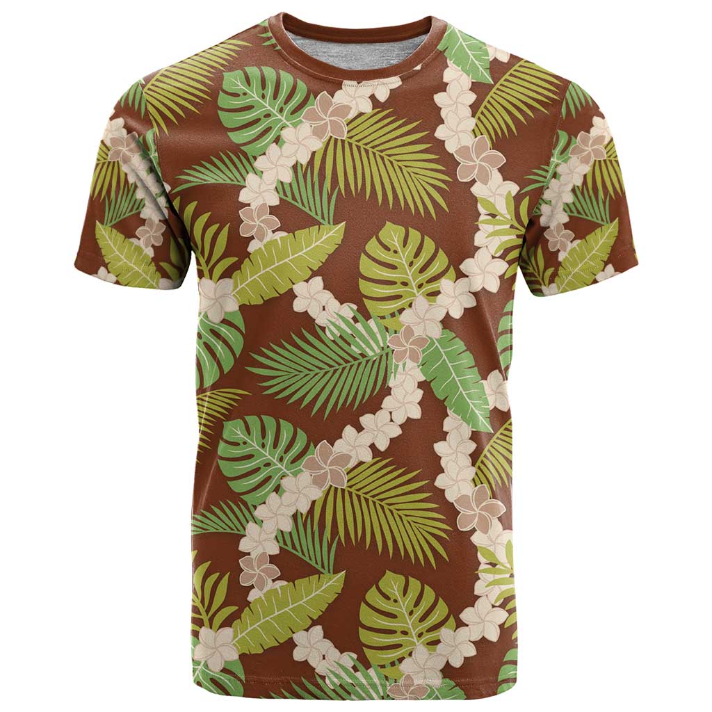 Brown Hawaii Plumeria Lei With Tropical Leaves T Shirt