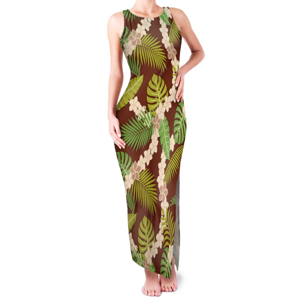 Brown Hawaii Plumeria Lei With Tropical Leaves Tank Maxi Dress LT14 Women Brown - Polynesian Pride