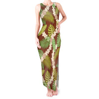 Brown Hawaii Plumeria Lei With Tropical Leaves Tank Maxi Dress LT14 Women Brown - Polynesian Pride