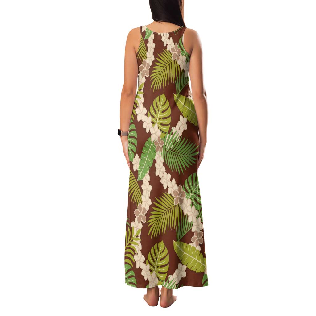 Brown Hawaii Plumeria Lei With Tropical Leaves Tank Maxi Dress LT14 - Polynesian Pride