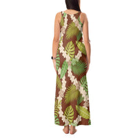 Brown Hawaii Plumeria Lei With Tropical Leaves Tank Maxi Dress LT14 - Polynesian Pride