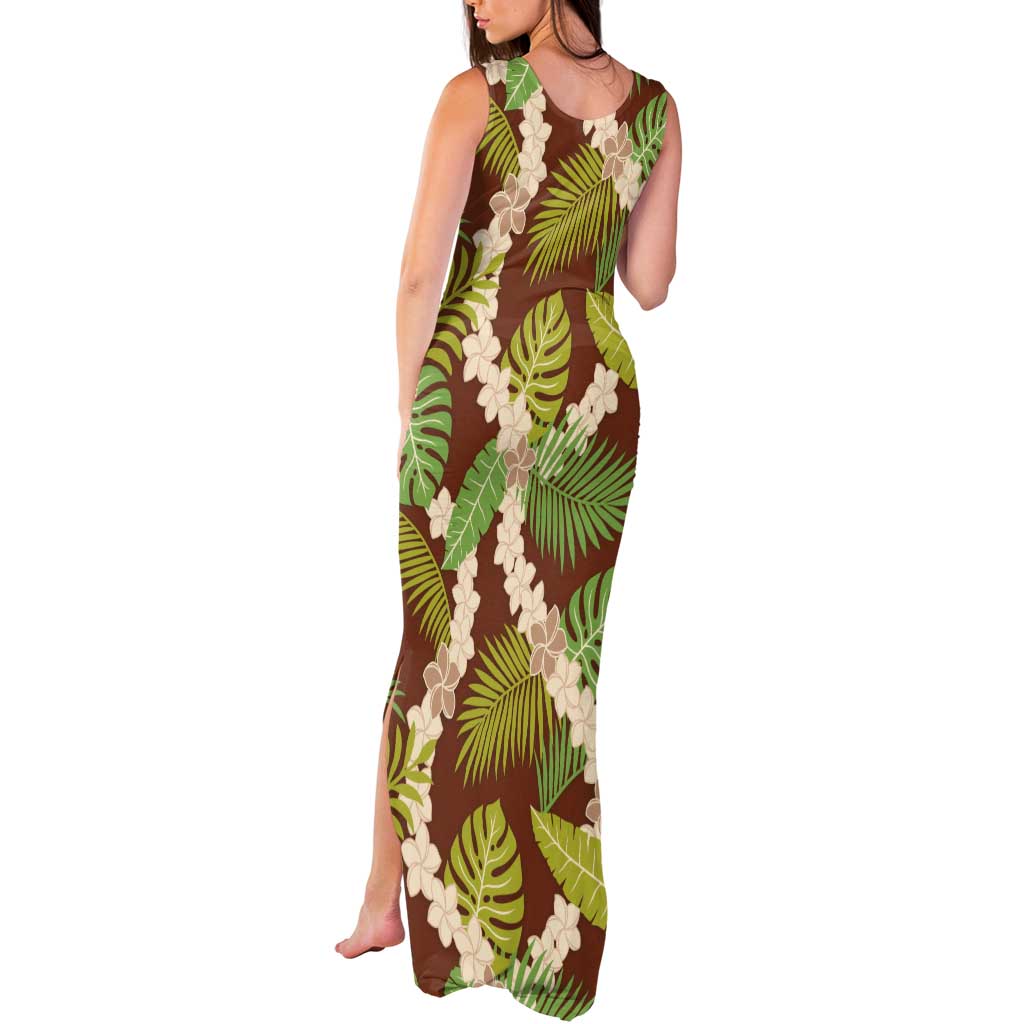 Brown Hawaii Plumeria Lei With Tropical Leaves Tank Maxi Dress LT14 - Polynesian Pride