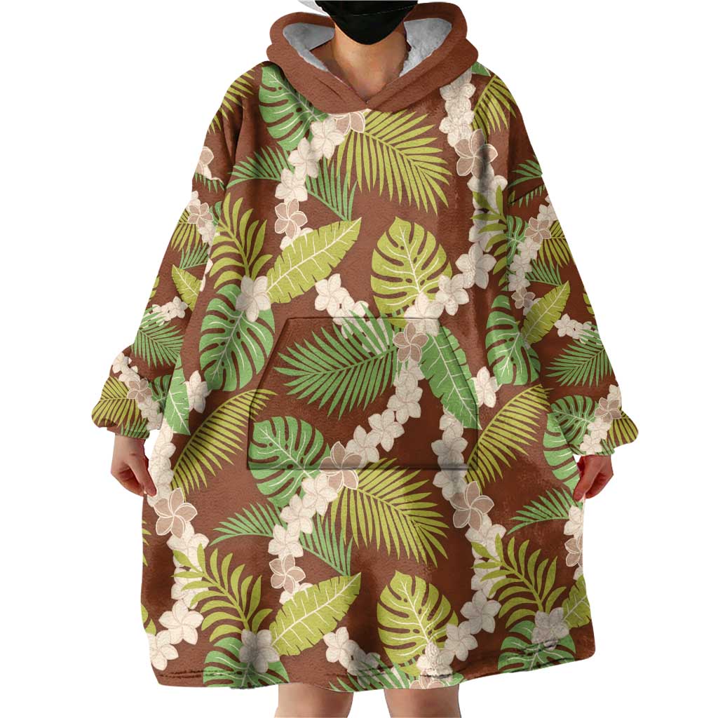 Brown Hawaii Plumeria Lei With Tropical Leaves Wearable Blanket Hoodie LT14 - Polynesian Pride