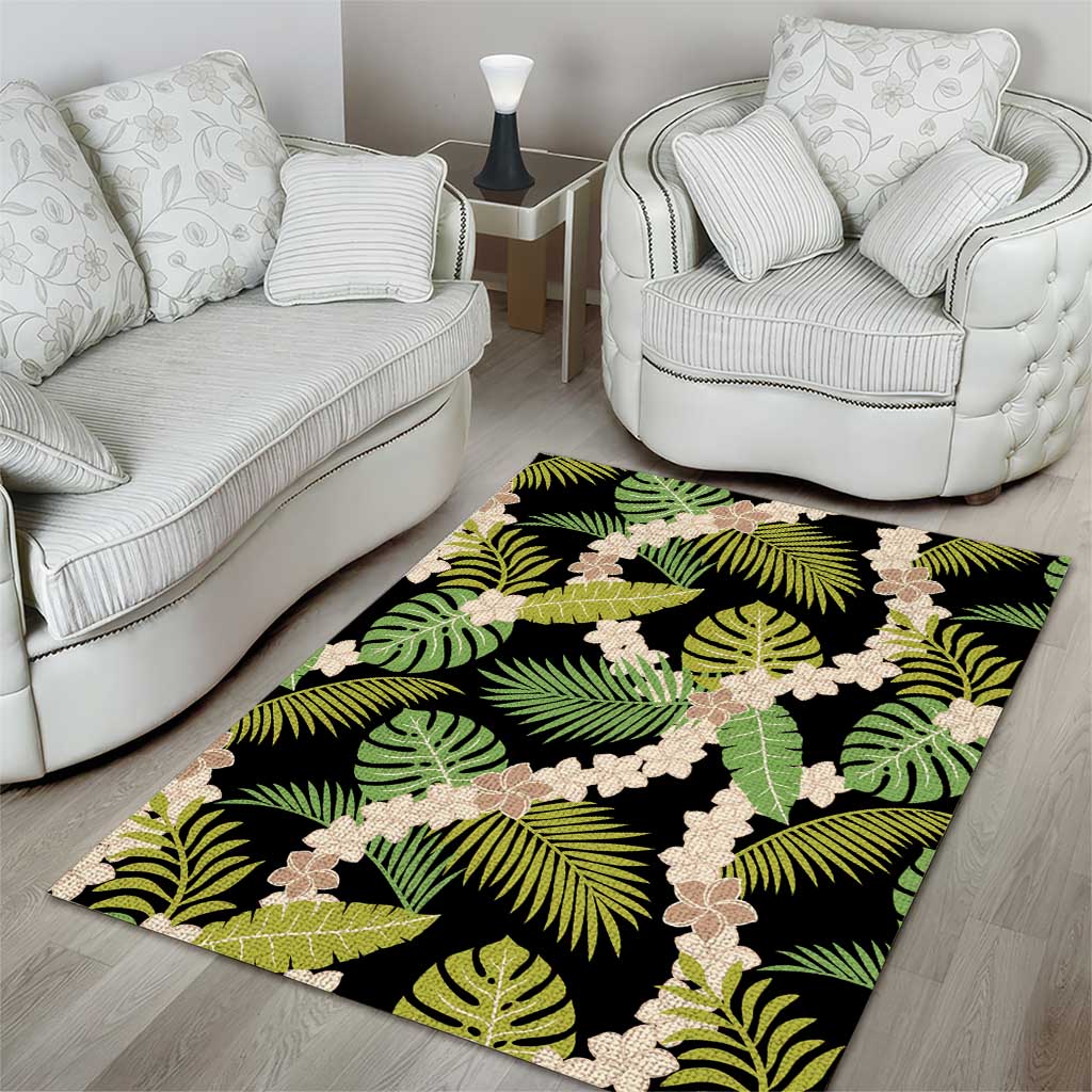 Black Hawaii Plumeria Lei With Tropical Leaves Area Rug