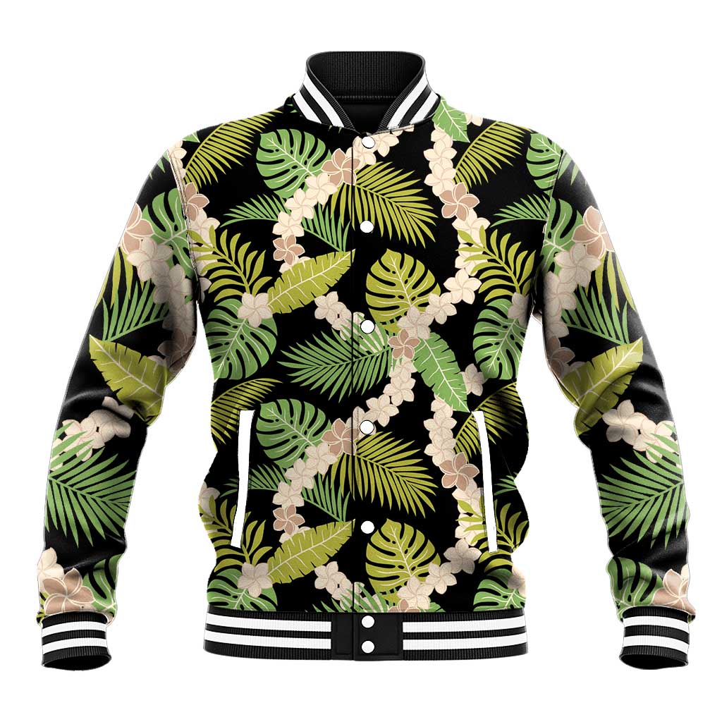 Black Hawaii Plumeria Lei With Tropical Leaves Baseball Jacket LT14 Unisex Black - Polynesian Pride