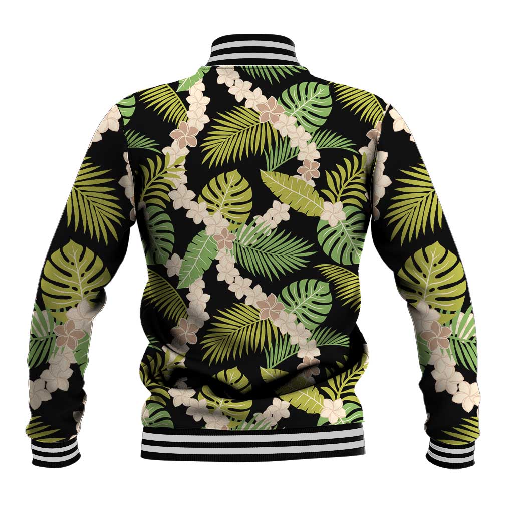 Black Hawaii Plumeria Lei With Tropical Leaves Baseball Jacket LT14 - Polynesian Pride