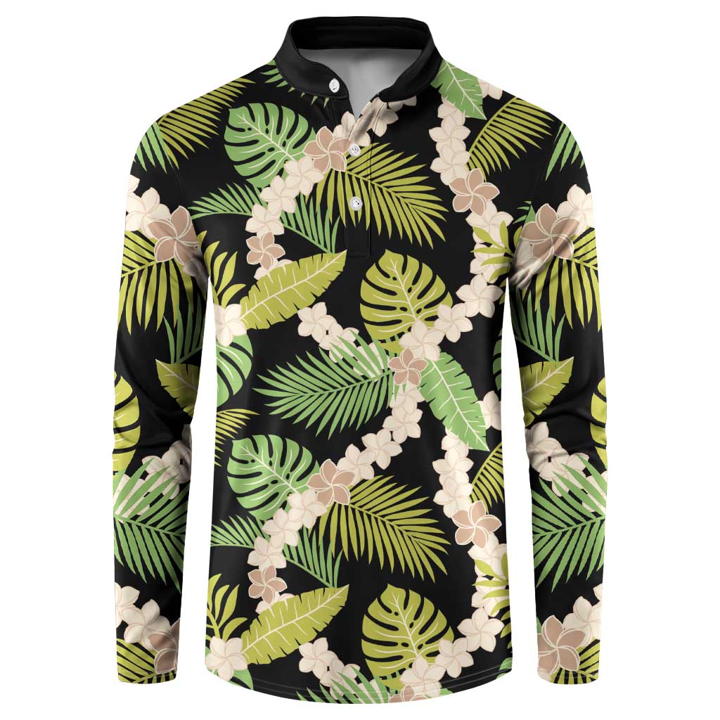 Black Hawaii Plumeria Lei With Tropical Leaves Button Sweatshirt LT14 Black - Polynesian Pride