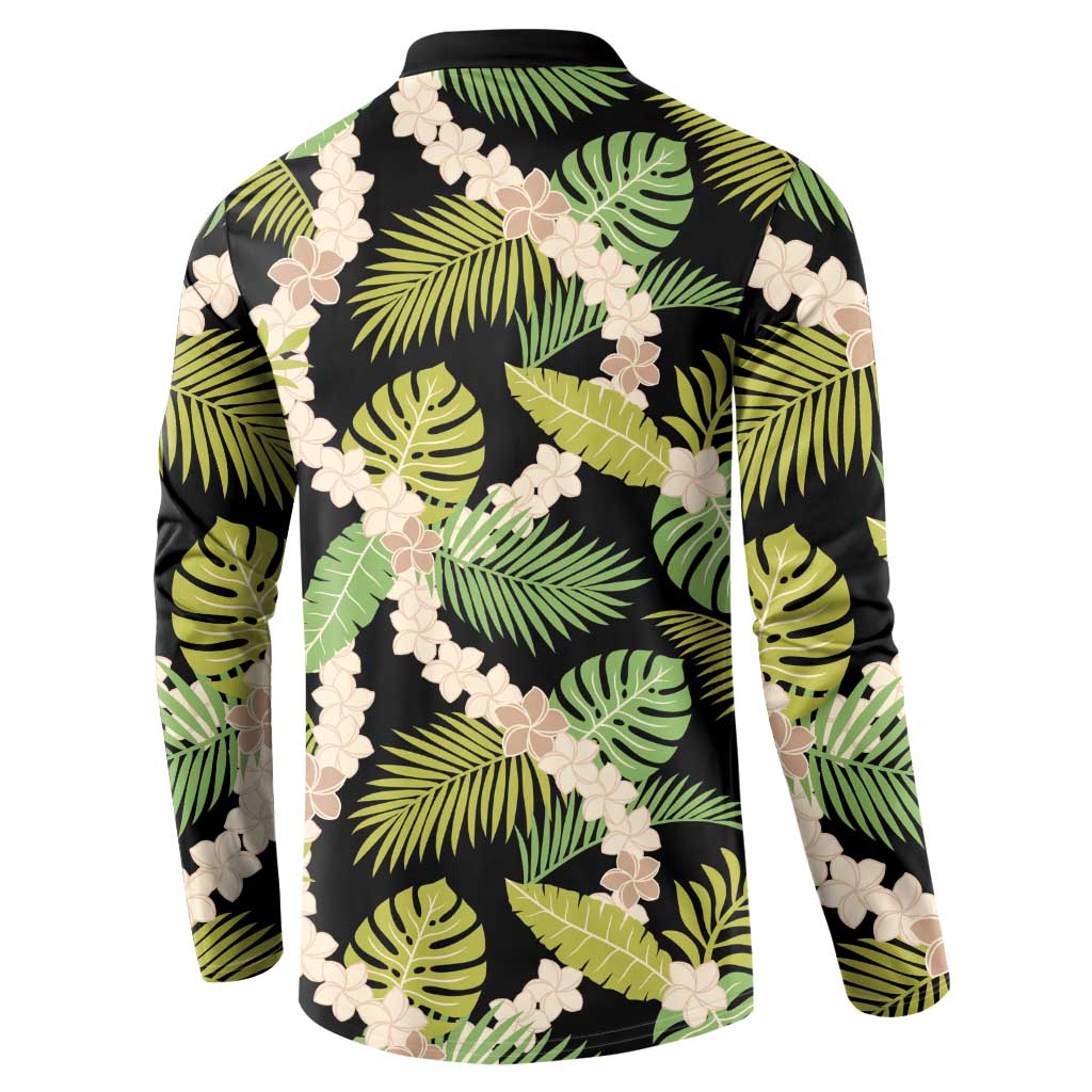 Black Hawaii Plumeria Lei With Tropical Leaves Button Sweatshirt LT14 - Polynesian Pride