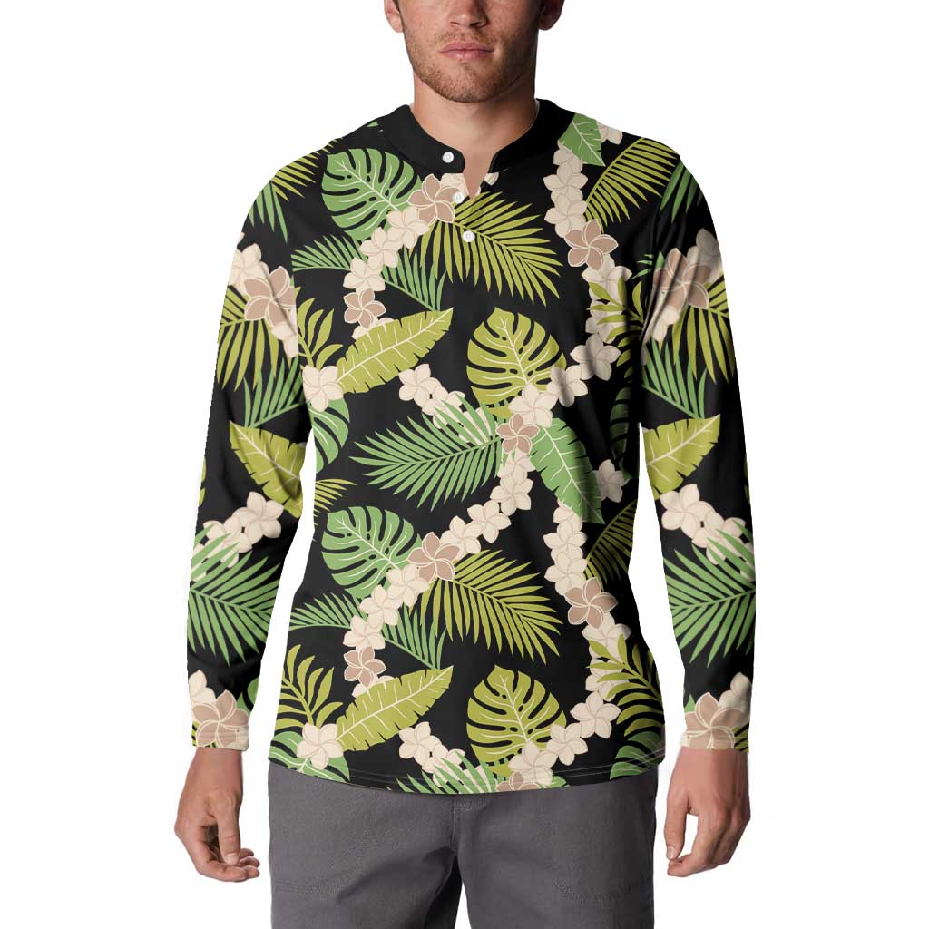 Black Hawaii Plumeria Lei With Tropical Leaves Button Sweatshirt LT14 - Polynesian Pride