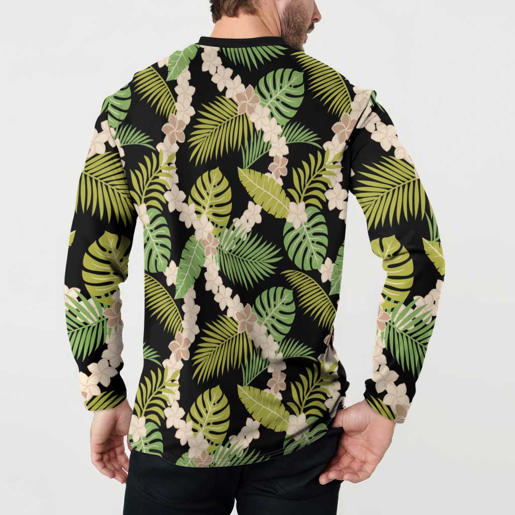 Black Hawaii Plumeria Lei With Tropical Leaves Button Sweatshirt LT14 - Polynesian Pride