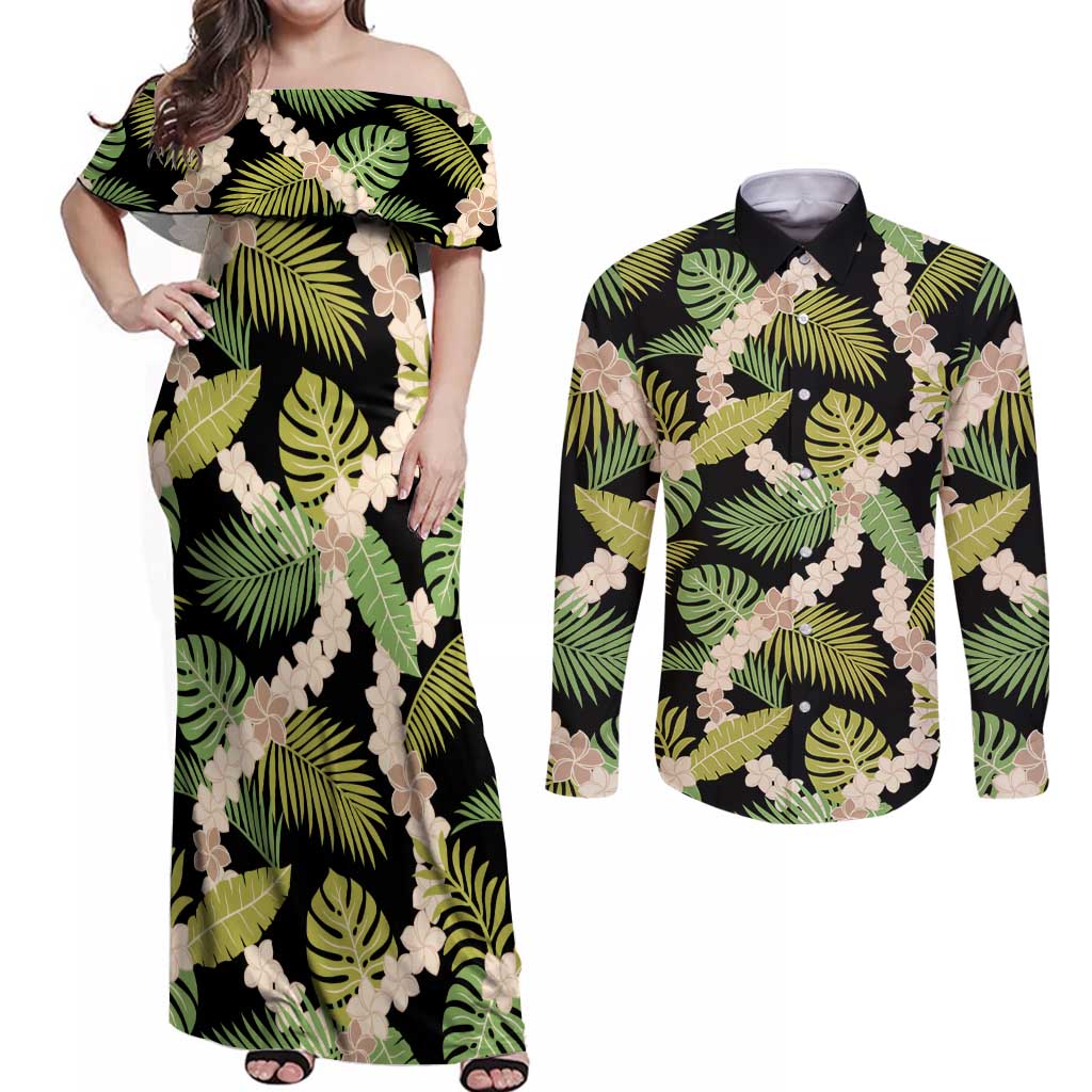 Black Hawaii Plumeria Lei With Tropical Leaves Couples Matching Off Shoulder Maxi Dress and Long Sleeve Button Shirt LT14 Black - Polynesian Pride