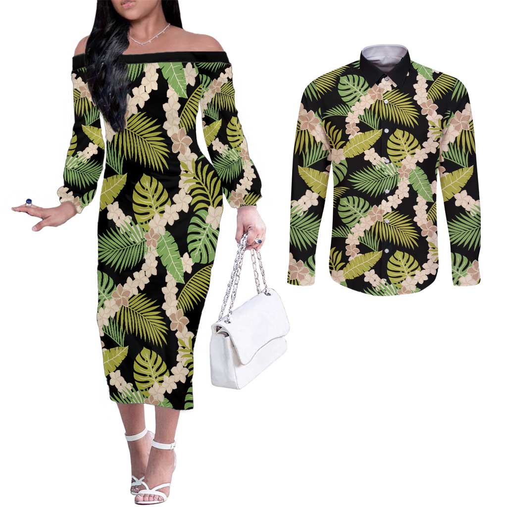 Black Hawaii Plumeria Lei With Tropical Leaves Couples Matching Off The Shoulder Long Sleeve Dress and Long Sleeve Button Shirt LT14 Black - Polynesian Pride