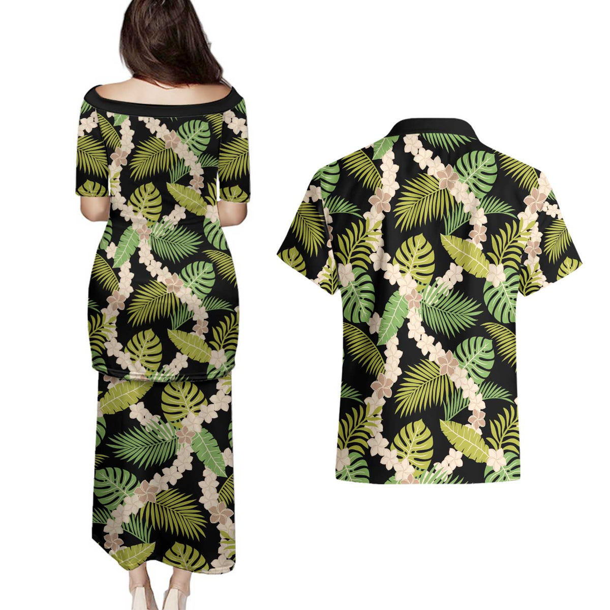 Black Hawaii Plumeria Lei With Tropical Leaves Couples Matching Puletasi and Hawaiian Shirt
