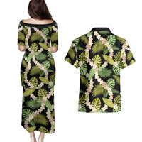 Black Hawaii Plumeria Lei With Tropical Leaves Couples Matching Puletasi and Hawaiian Shirt