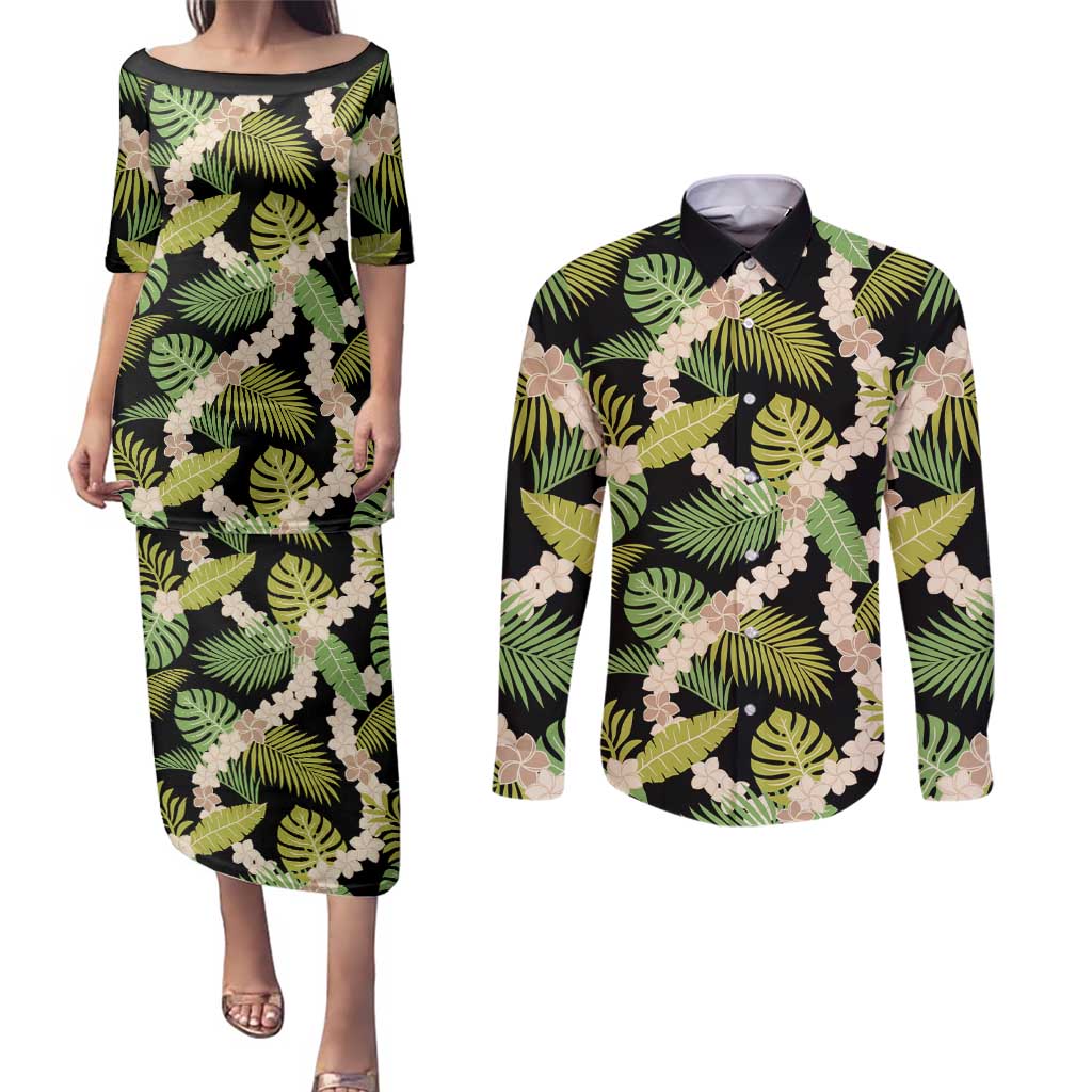 Black Hawaii Plumeria Lei With Tropical Leaves Couples Matching Puletasi and Long Sleeve Button Shirt LT14 Black - Polynesian Pride
