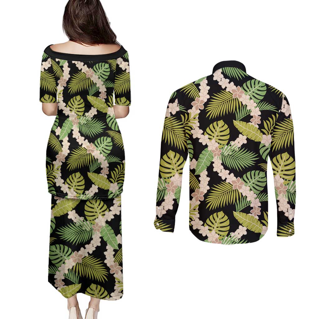 Black Hawaii Plumeria Lei With Tropical Leaves Couples Matching Puletasi and Long Sleeve Button Shirt LT14 - Polynesian Pride