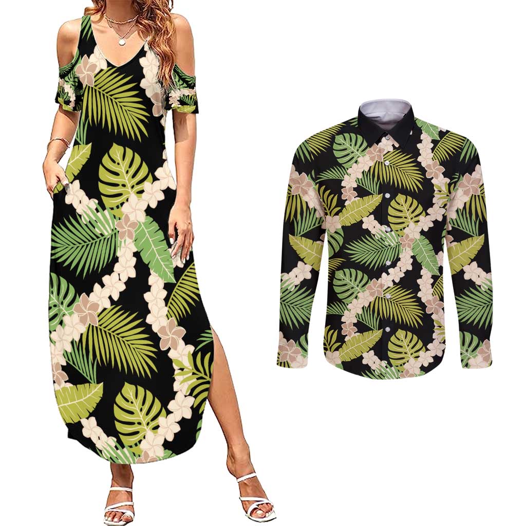 Black Hawaii Plumeria Lei With Tropical Leaves Couples Matching Summer Maxi Dress and Long Sleeve Button Shirt LT14 Black - Polynesian Pride