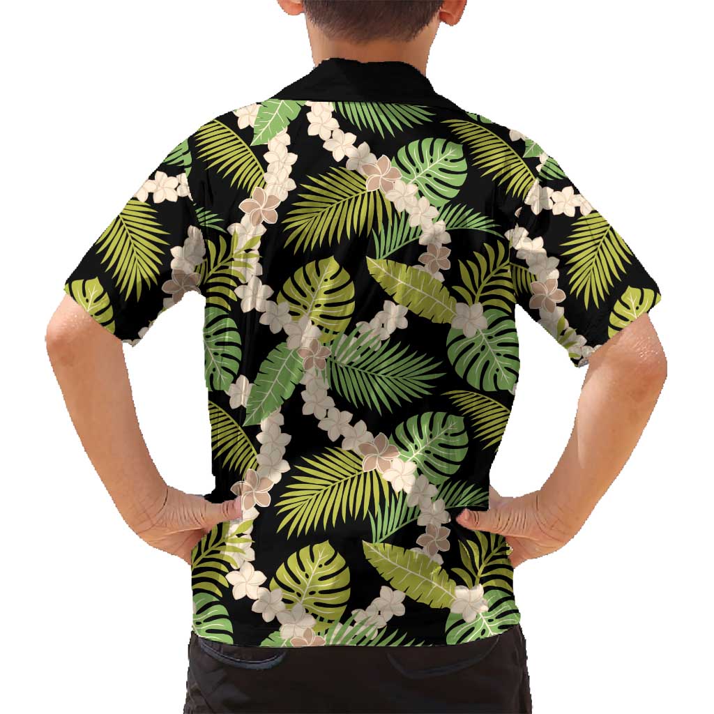 Black Hawaii Plumeria Lei With Tropical Leaves Family Matching Long Sleeve Bodycon Dress and Hawaiian Shirt