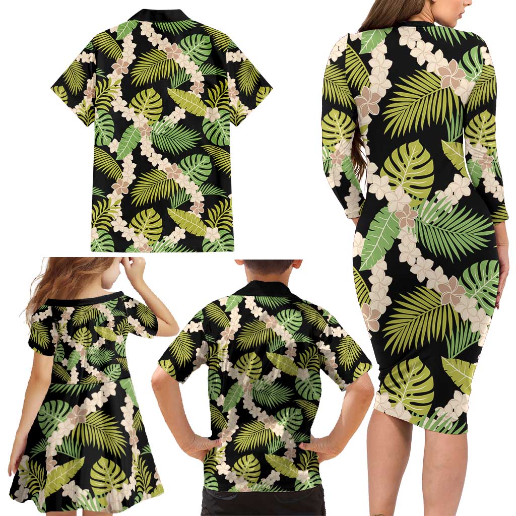 Black Hawaii Plumeria Lei With Tropical Leaves Family Matching Long Sleeve Bodycon Dress and Hawaiian Shirt
