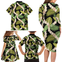 Black Hawaii Plumeria Lei With Tropical Leaves Family Matching Long Sleeve Bodycon Dress and Hawaiian Shirt
