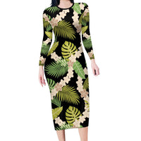Black Hawaii Plumeria Lei With Tropical Leaves Family Matching Long Sleeve Bodycon Dress and Hawaiian Shirt