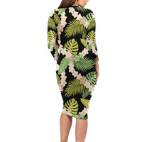 Black Hawaii Plumeria Lei With Tropical Leaves Family Matching Long Sleeve Bodycon Dress and Hawaiian Shirt