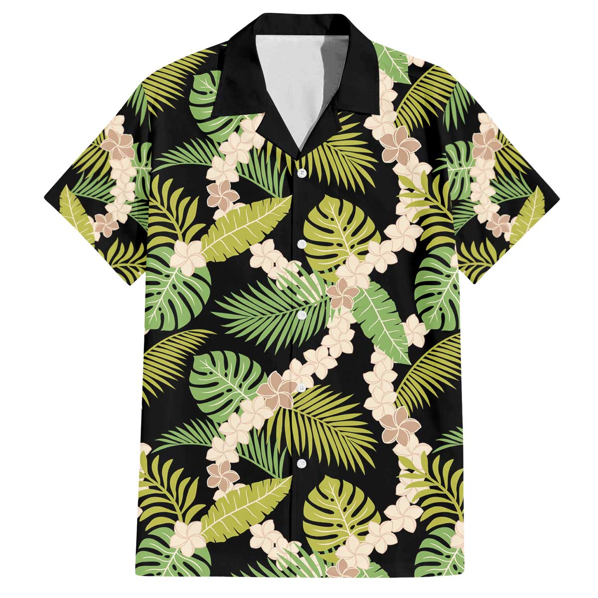 Black Hawaii Plumeria Lei With Tropical Leaves Family Matching Off The Shoulder Long Sleeve Dress and Hawaiian Shirt