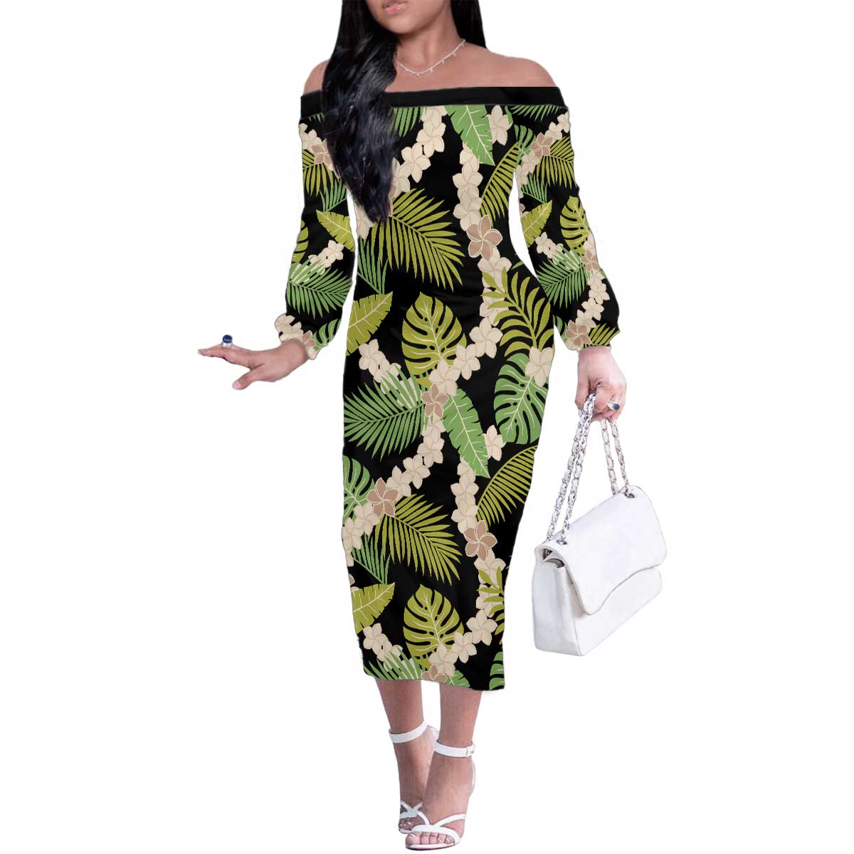 Black Hawaii Plumeria Lei With Tropical Leaves Family Matching Off The Shoulder Long Sleeve Dress and Hawaiian Shirt