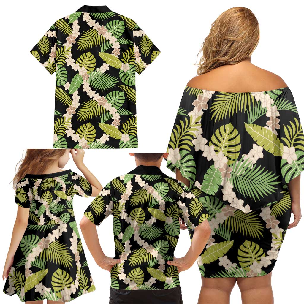 Black Hawaii Plumeria Lei With Tropical Leaves Family Matching Off Shoulder Short Dress and Hawaiian Shirt