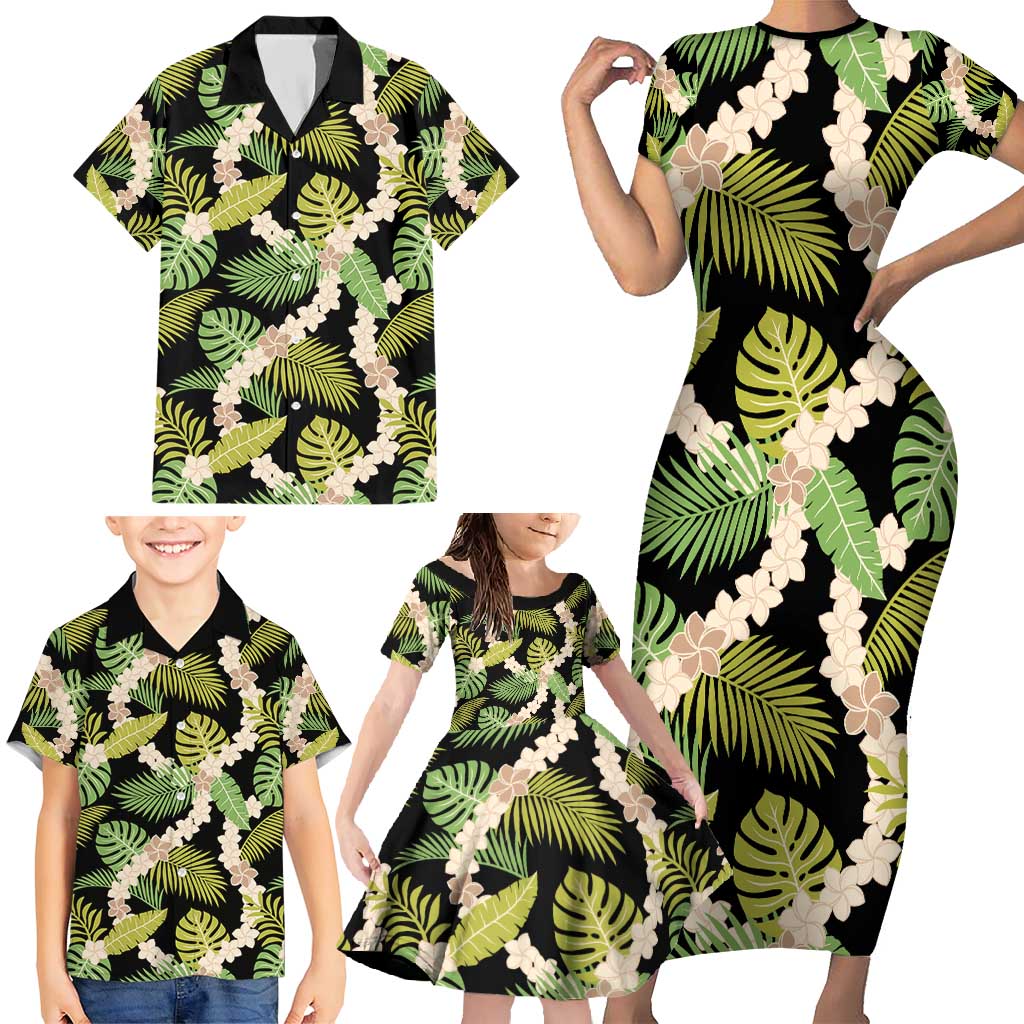 Black Hawaii Plumeria Lei With Tropical Leaves Family Matching Short Sleeve Bodycon Dress and Hawaiian Shirt