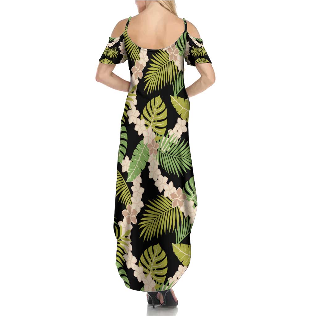 Black Hawaii Plumeria Lei With Tropical Leaves Family Matching Summer Maxi Dress and Hawaiian Shirt
