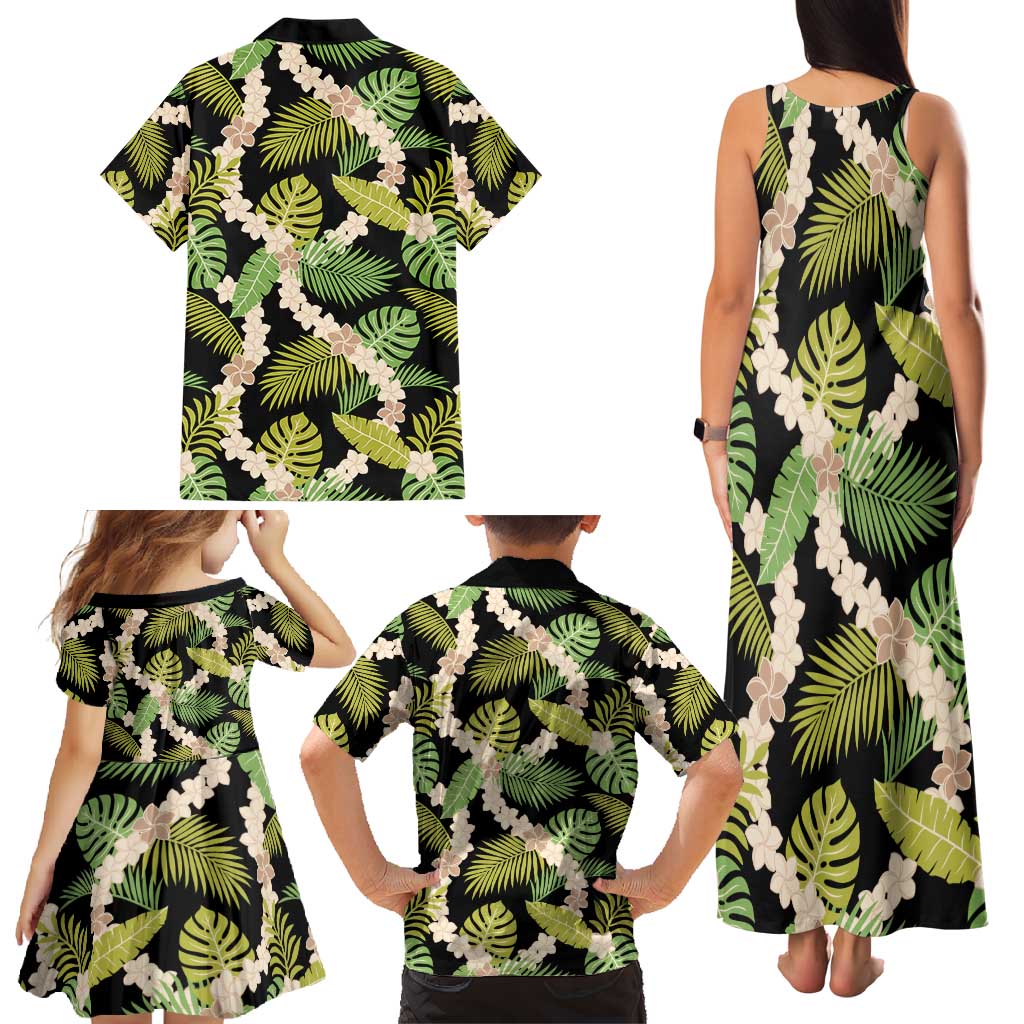 Black Hawaii Plumeria Lei With Tropical Leaves Family Matching Tank Maxi Dress and Hawaiian Shirt