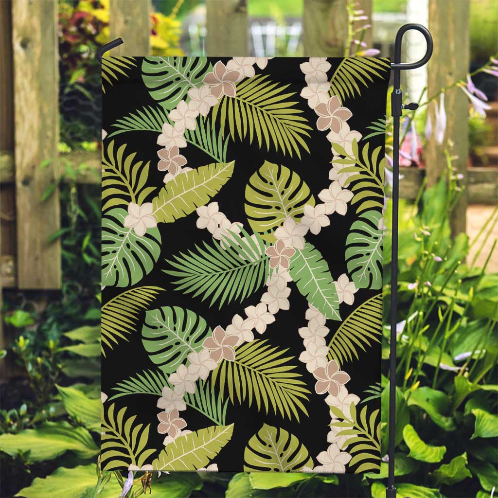 Black Hawaii Plumeria Lei With Tropical Leaves Garden Flag LT14 Garden Flag Black - Polynesian Pride