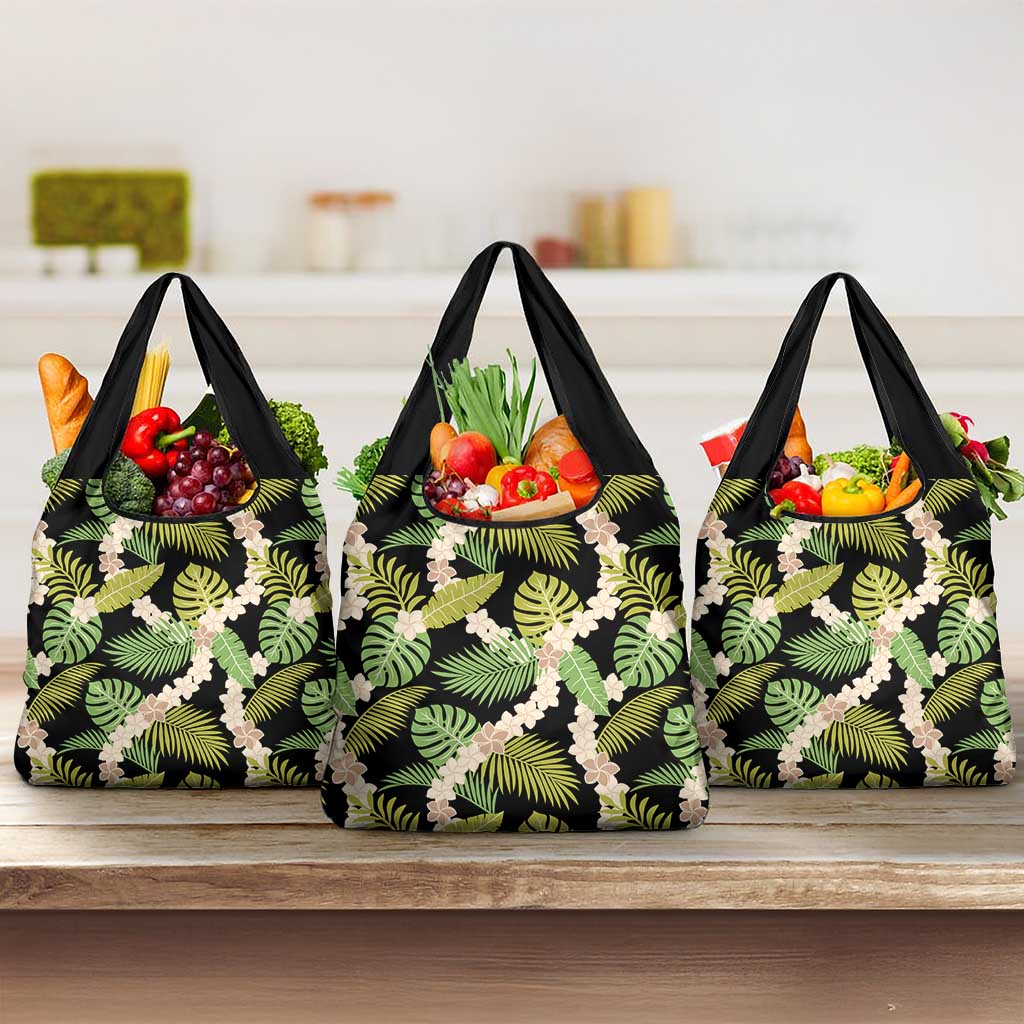 Black Hawaii Plumeria Lei With Tropical Leaves Grocery Bag LT14 3-pack One Size Black - Polynesian Pride