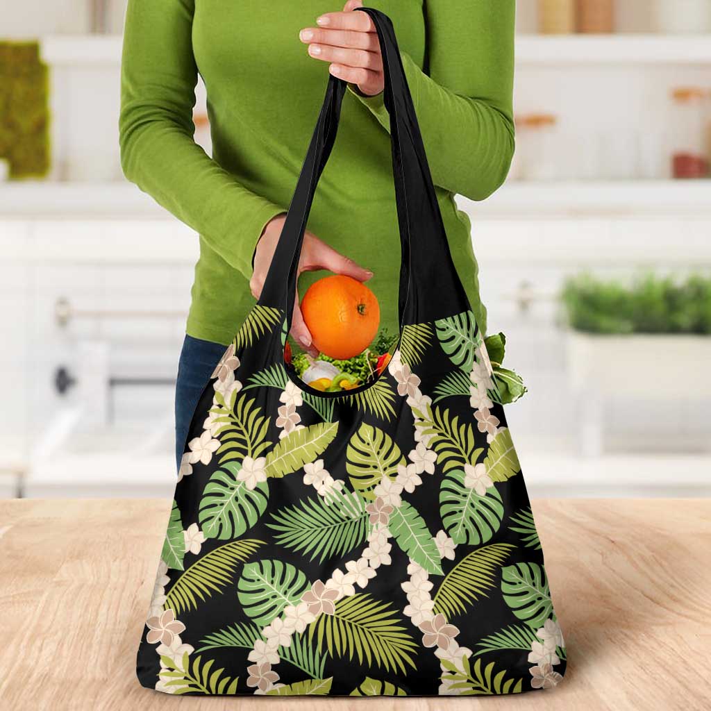 Black Hawaii Plumeria Lei With Tropical Leaves Grocery Bag LT14 - Polynesian Pride