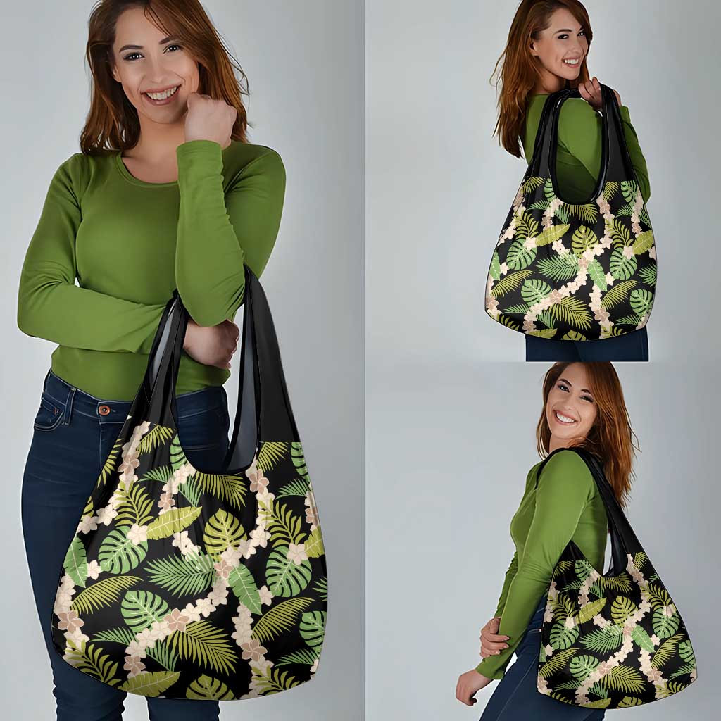 Black Hawaii Plumeria Lei With Tropical Leaves Grocery Bag LT14 - Polynesian Pride