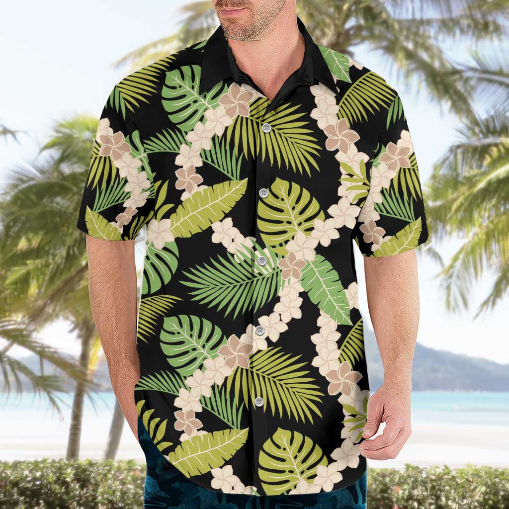 Black Hawaii Plumeria Lei With Tropical Leaves Hawaiian Shirt LT14 - Polynesian Pride